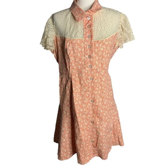 Vintage Lace Yoke Mini Shirt Dress Womens M Pink Floral Country Western - Picture 1 of 7